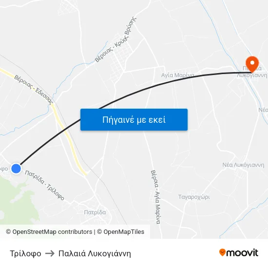 Τρίλοφο to Παλαιά Λυκογιάννη map