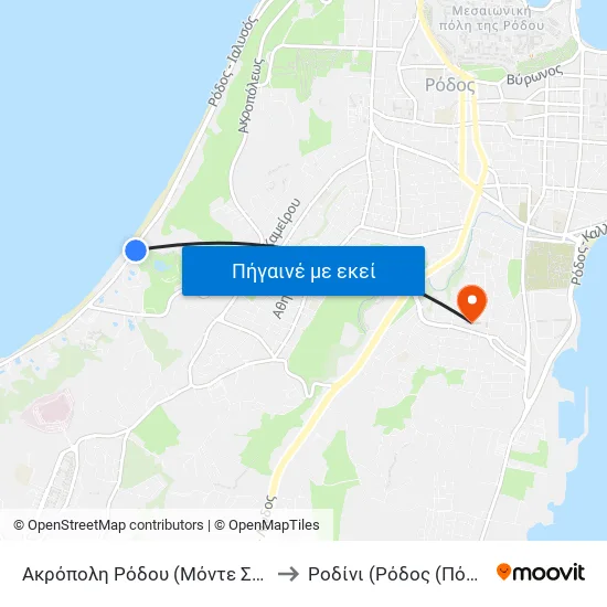 Ακρόπολη Ρόδου (Μόντε Σμιθ) to Ροδίνι (Ρόδος (Πόλη)) map
