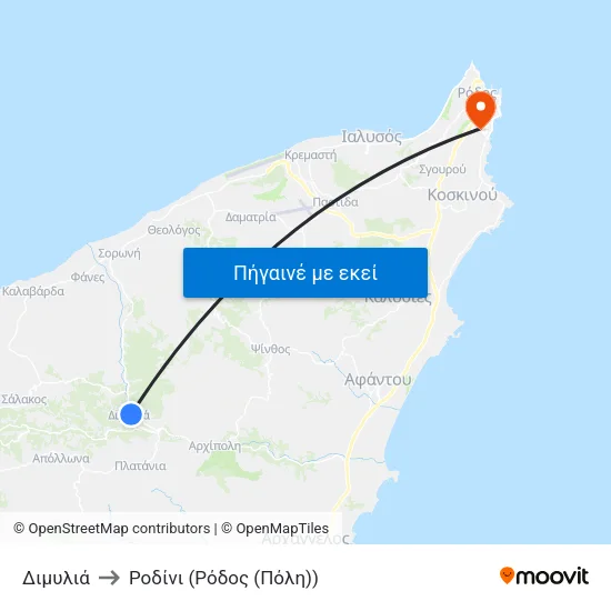 Διμυλιά to Ροδίνι (Ρόδος (Πόλη)) map