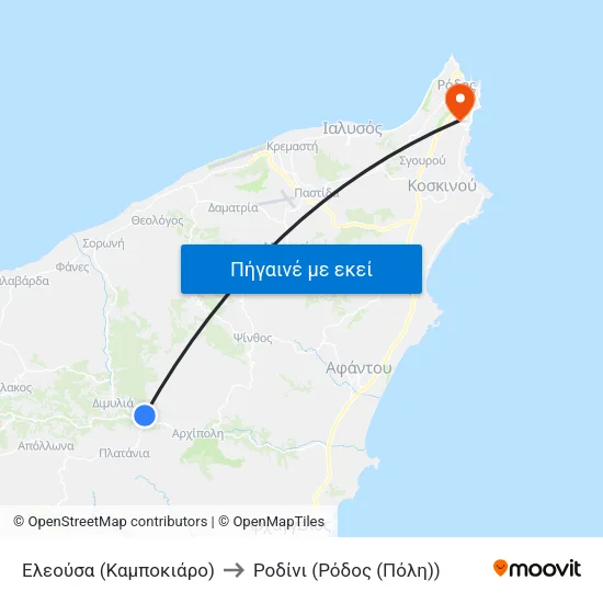 Ελεούσα (Καμποκιάρο) to Ροδίνι (Ρόδος (Πόλη)) map