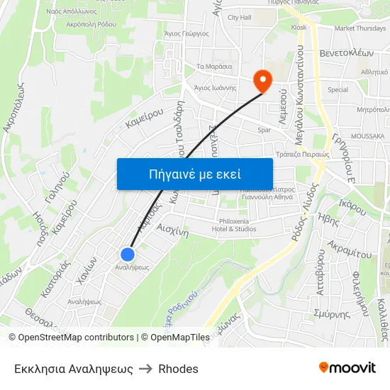 Εκκλησια Αναληψεως to Rhodes map