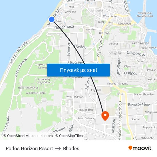 Rodos Horizon Resort to Rhodes map