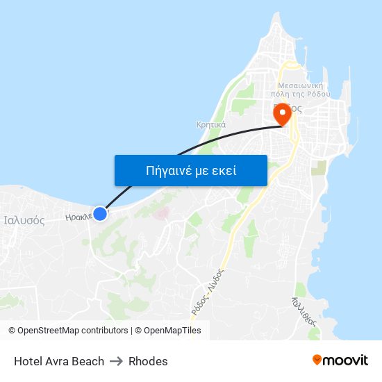 Hotel Avra Beach to Rhodes map