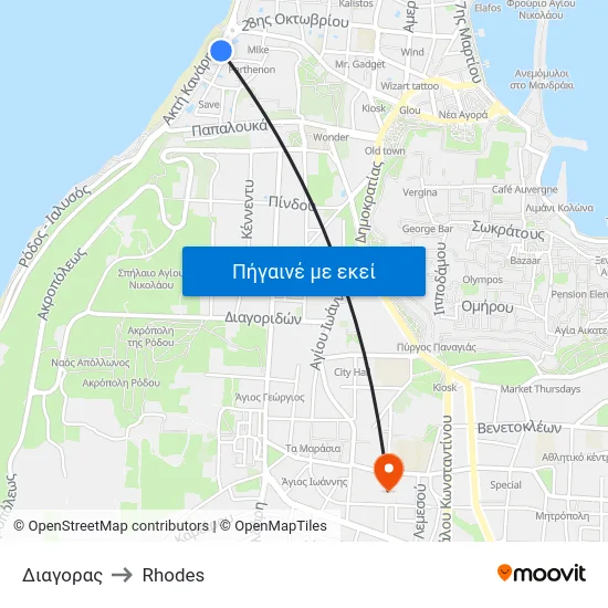 Διαγορας to Rhodes map