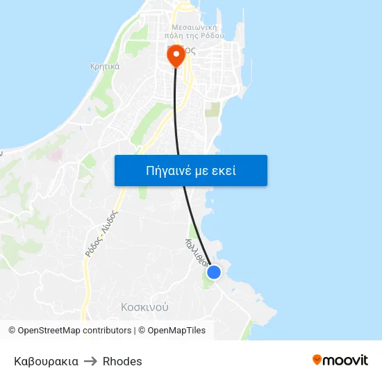 Καβουρακια to Rhodes map