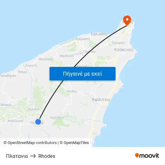 Πλατανια to Rhodes map