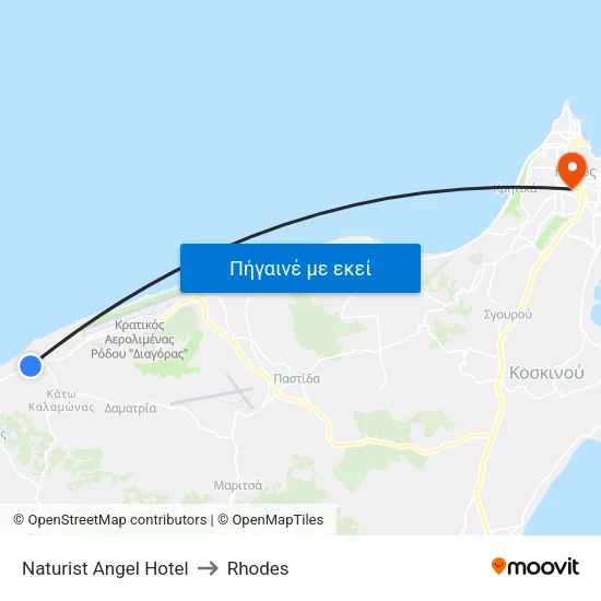 Naturist Angel Hotel to Rhodes map