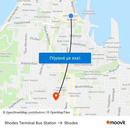 Rhodes Terminal Bus Station to Rhodes map
