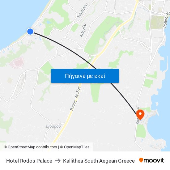 Hotel Rodos Palace to Kallithea South Aegean Greece map