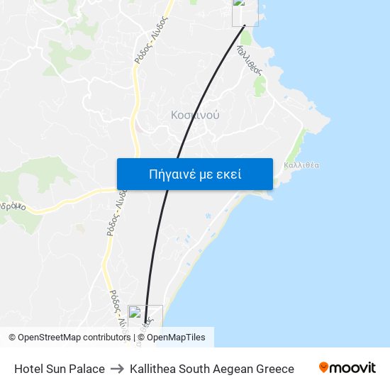 Hotel Sun Palace to Kallithea South Aegean Greece map