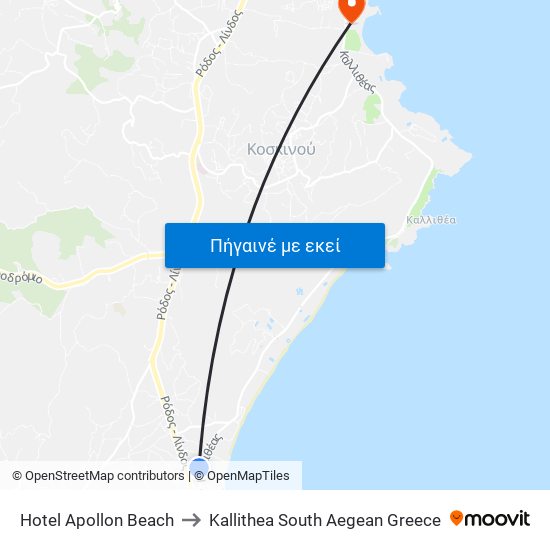 Hotel Apollon Beach to Kallithea South Aegean Greece map