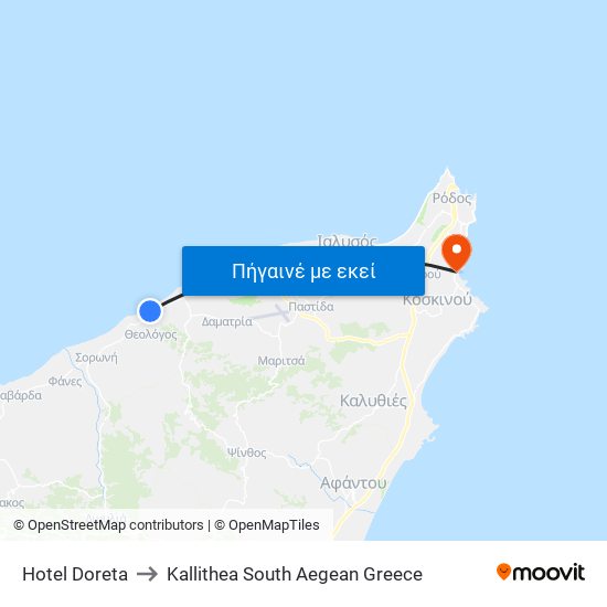 Hotel Doreta to Kallithea South Aegean Greece map