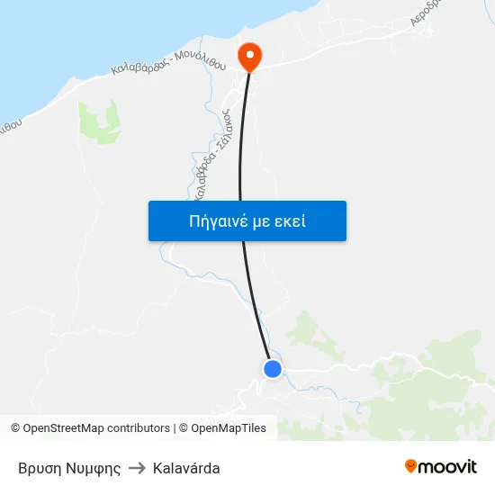 Βρυση Νυμφης to Kalavárda map