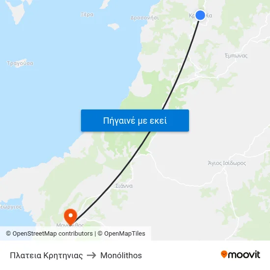 Πλατεια Κρητηνιας to Monólithos map