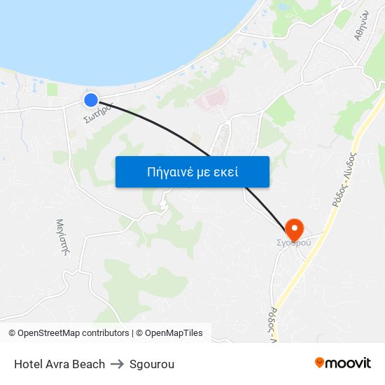 Hotel Avra Beach to Sgourou map