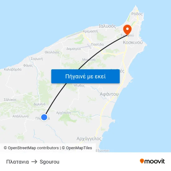 Πλατανια to Sgourou map