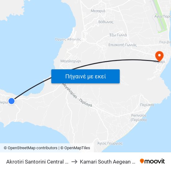 Akrotiri Santorini Central Square to Kamari South Aegean Greece map