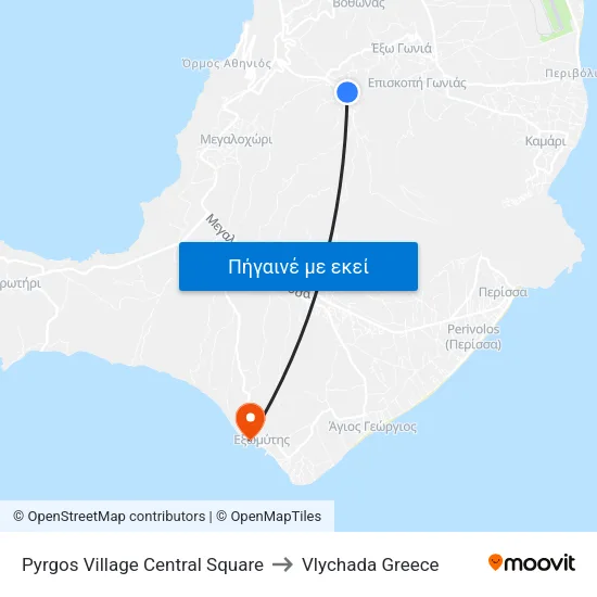 Pyrgos Village Central Square to Vlychada Greece map