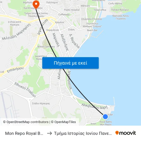 Mon Repo Royal Baths (R) to Τμήμα Ιστορίας Ιονίου Πανεπιστημίου map