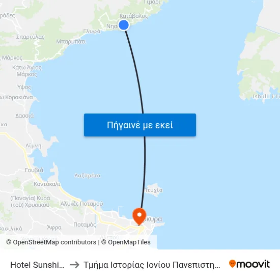 Hotel Sunshine to Τμήμα Ιστορίας Ιονίου Πανεπιστημίου map