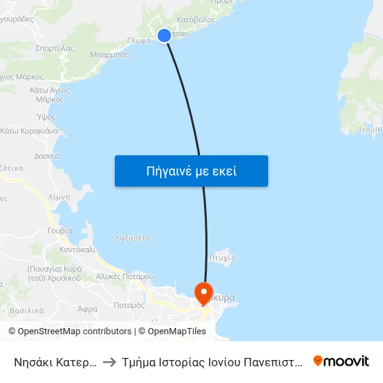 Νησάκι Κατερίνα to Τμήμα Ιστορίας Ιονίου Πανεπιστημίου map