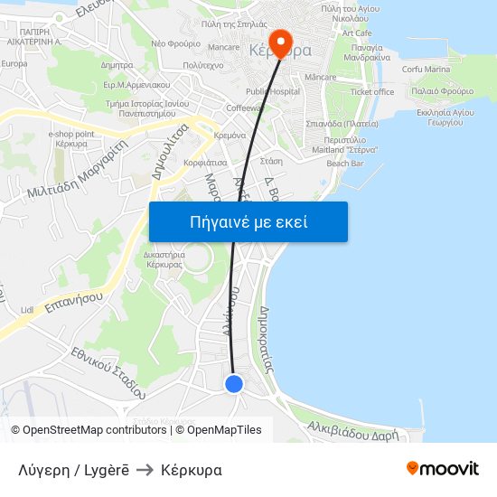 Λύγερη / Lygèrē to Κέρκυρα map