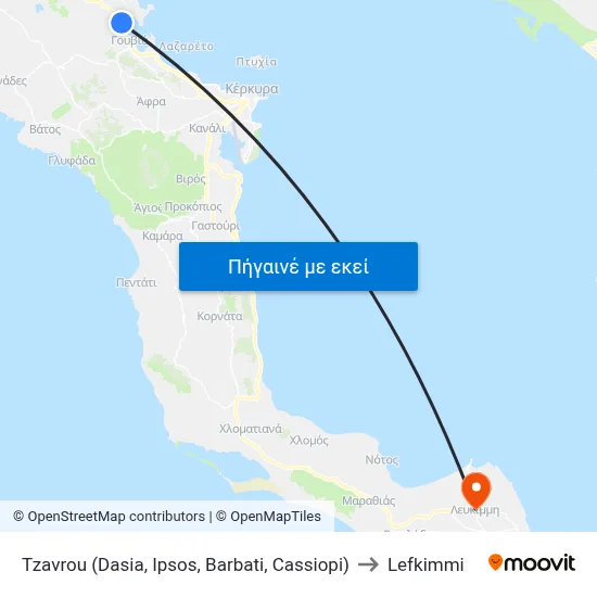 Tzavrou (Dasia, Ipsos, Barbati, Cassiopi) to Lefkimmi map
