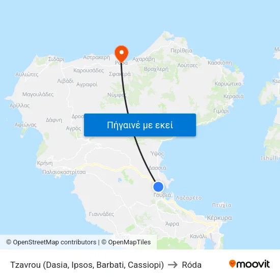 Tzavrou (Dasia, Ipsos, Barbati, Cassiopi) to Róda map