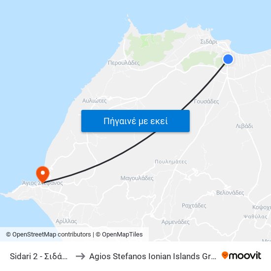 Sidari 2 - Σιδάρι 2 to Agios Stefanos Ionian Islands Greece map