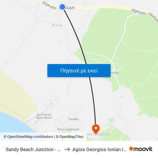 Sandy Beach Junction - Διαστ. Χλωμού to Agios Georgios Ionian Islands Greece map
