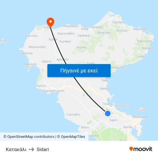 Κατακάλι to Sidari map