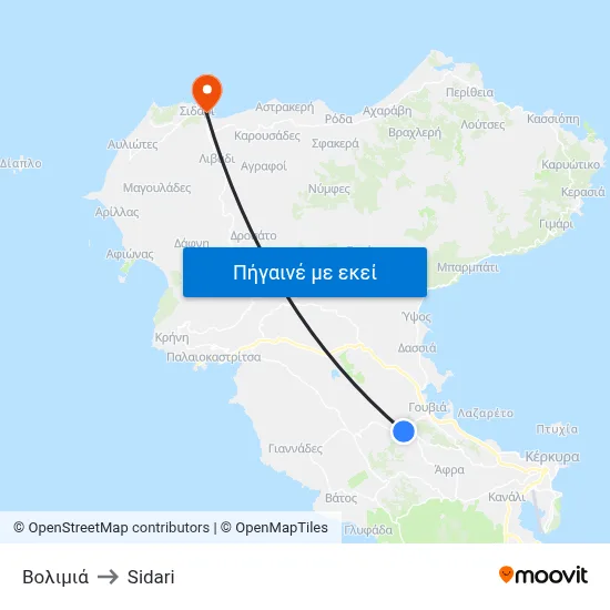Βολιμιά to Sidari map