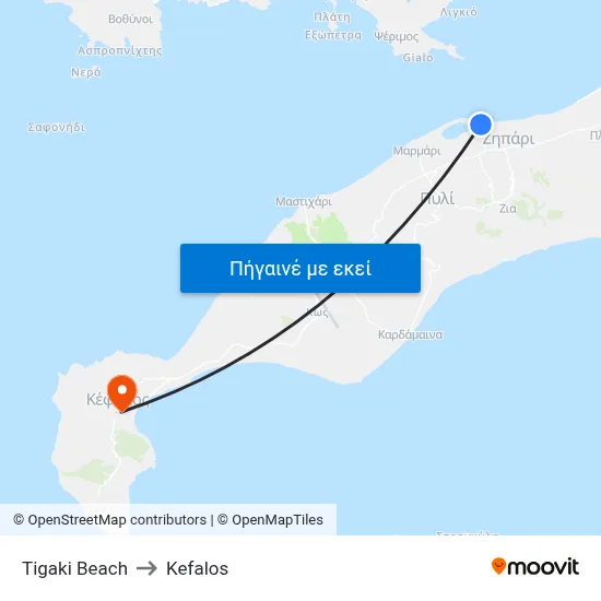 Tigaki Beach to Kefalos map