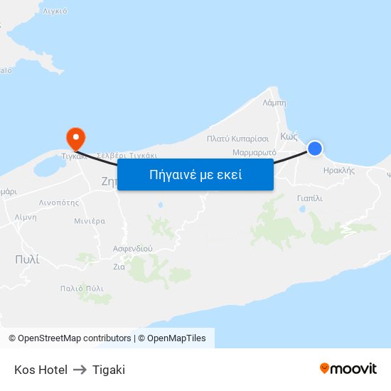 Kos Hotel to Tigaki map