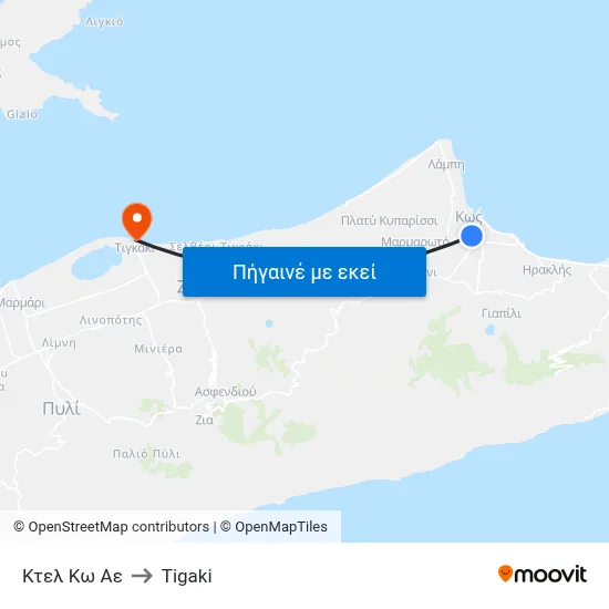 Κτελ Κω Αε to Tigaki map