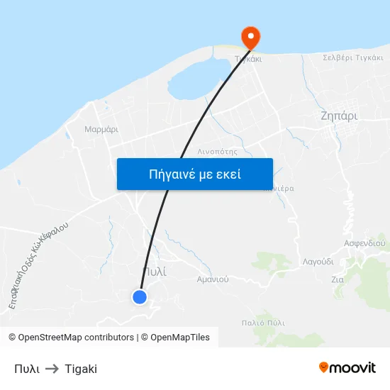 Πυλι to Tigaki map