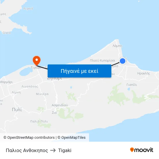 Παλιος Ανθοκηπος to Tigaki map