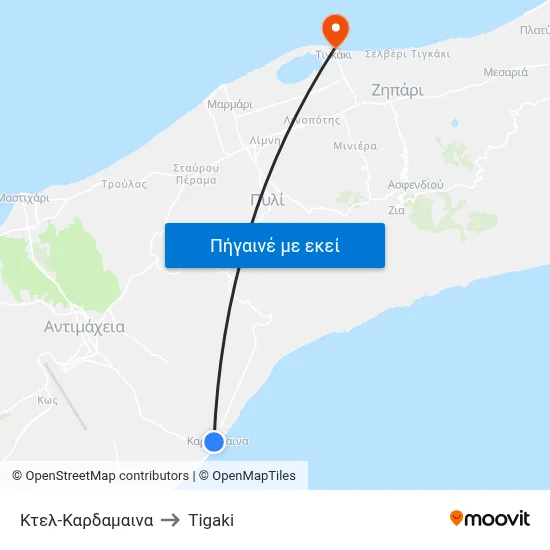 Κτελ-Καρδαμαινα to Tigaki map