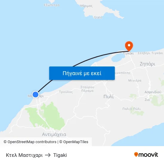 Κτελ Μαστιχαρι to Tigaki map