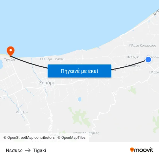 Νεσκες to Tigaki map