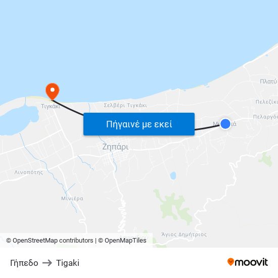 Γήπεδο to Tigaki map