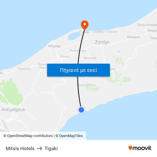 Mitsis Hotels to Tigaki map