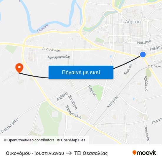Οικονόμου - Ιουστινιανου to TEI Θεσσαλίας map