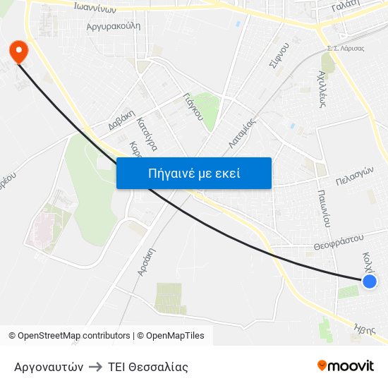 Αργοναυτών to TEI Θεσσαλίας map