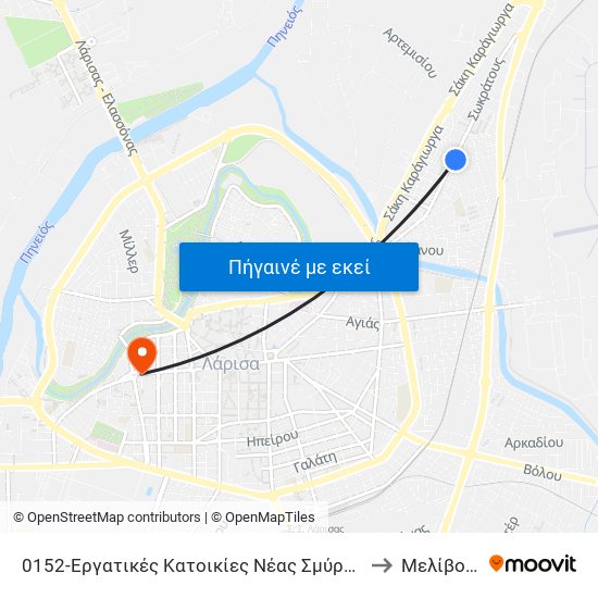 0152-Εργατικές Κατοικίες Νέας Σμύρνης to Μελίβοια map