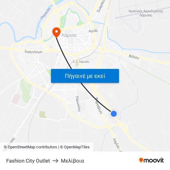 Fashion City Outlet to Μελίβοια map