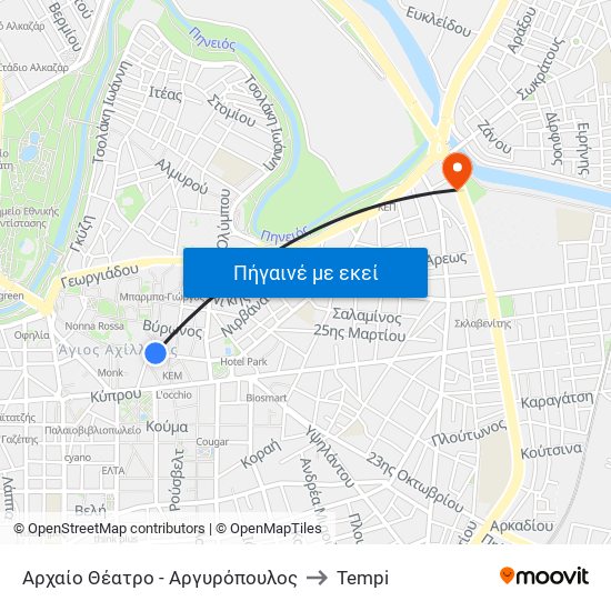 Αρχαίο Θέατρο - Αργυρόπουλος to Tempi map