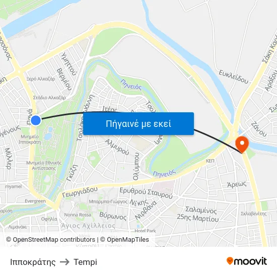 Ιπποκράτης to Tempi map