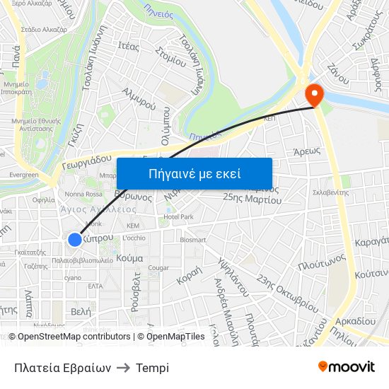 Πλατεία Εβραίων to Tempi map