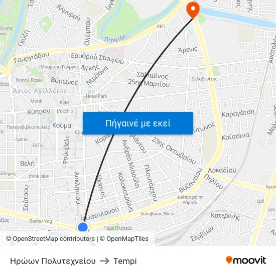 Ηρώων Πολυτεχνείου to Tempi map
